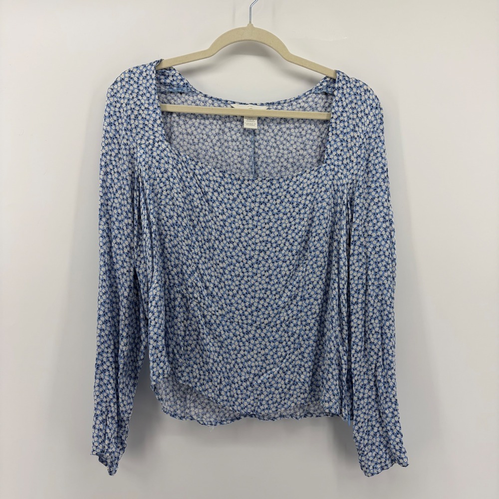 H M Long Sleeve Floral Print Square‎ Neck Blouse Women's Size L